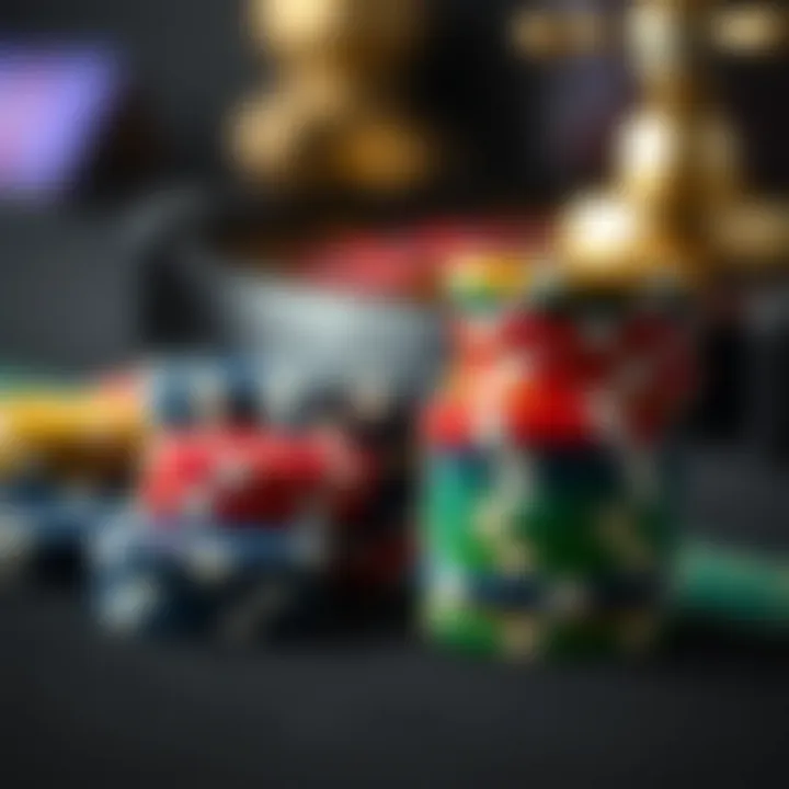 Close-up of roulette chips in various colors stacked on a table