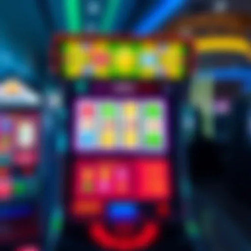 Illustration of a digital slot machine interface featuring vibrant graphics and various symbols