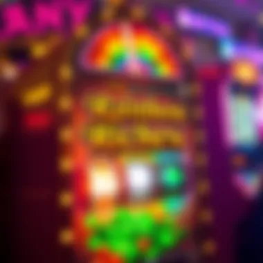 An illustration of a colorful slot machine depicting the theme of rainbow riches.