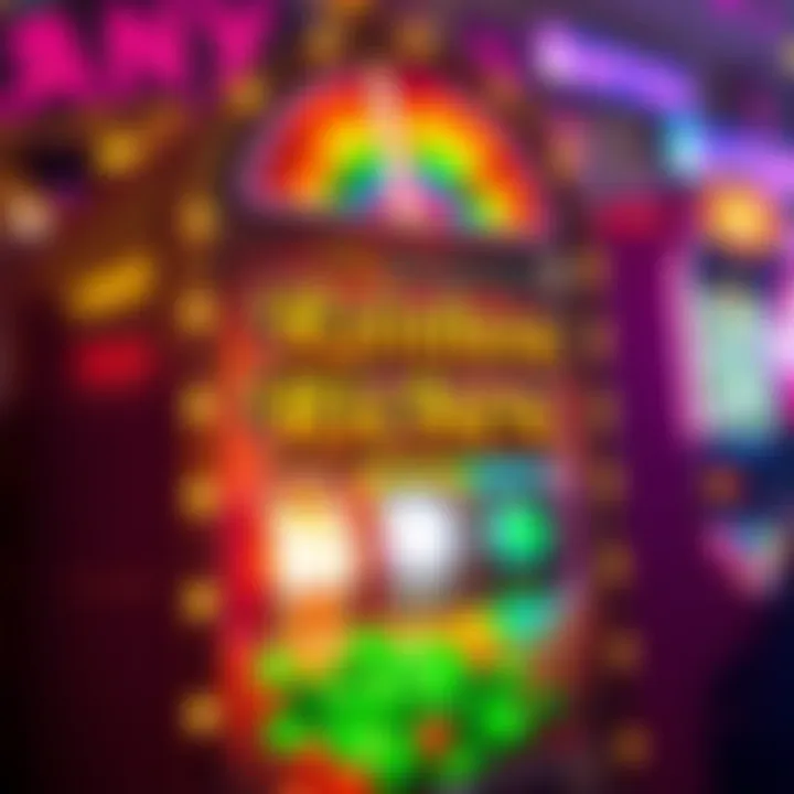 An illustration of a colorful slot machine depicting the theme of rainbow riches.