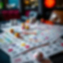 Colorful bingo cards spread on a table